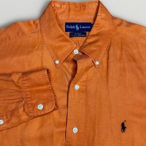 Polo Ralph Lauren Blake Shirt Mens Large Orange Silk Linen Blue Pony Lightweight